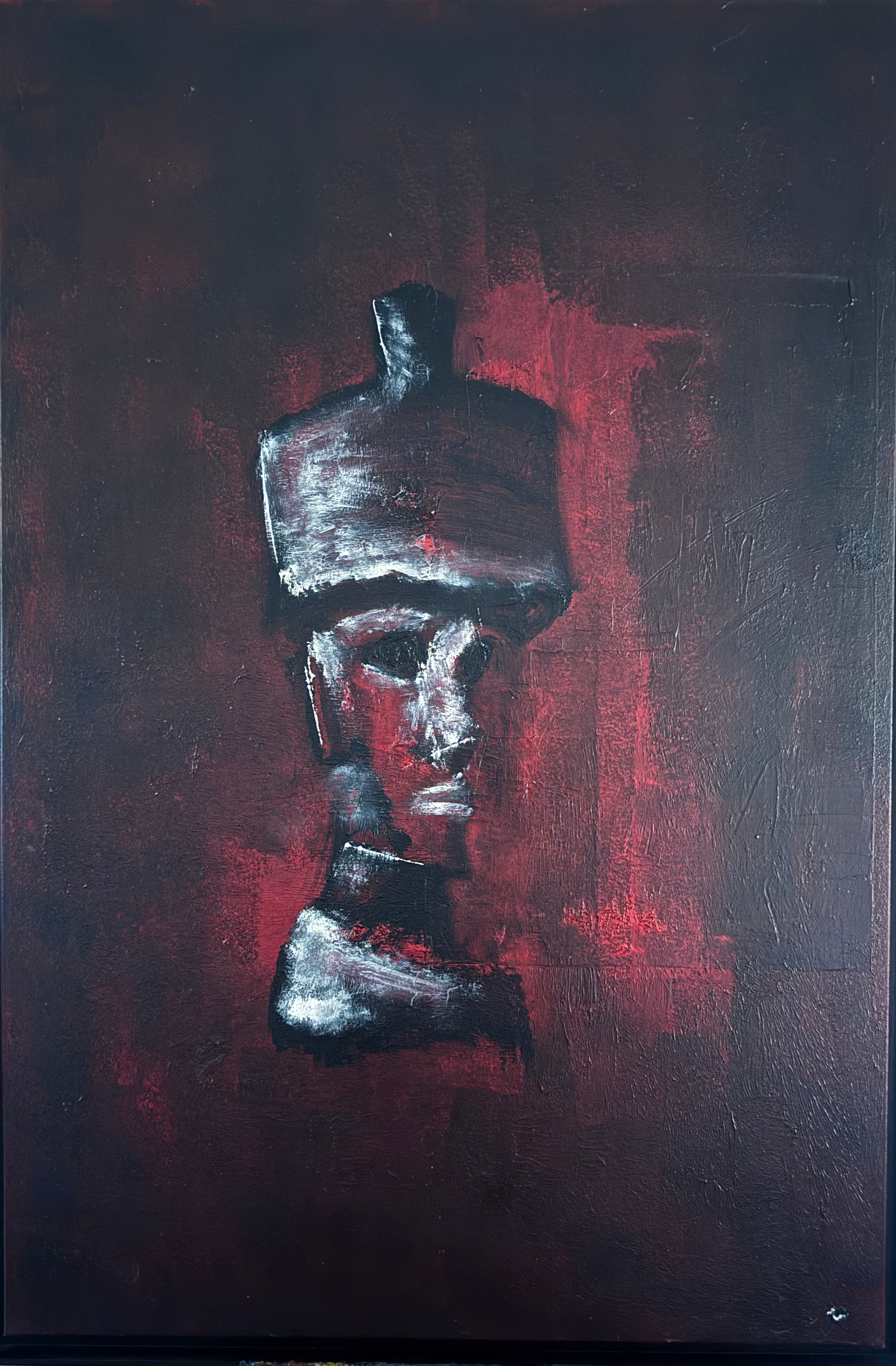 Grand Moaï rouge, peinture à l'huile sur toile, Philippe du Cheyron